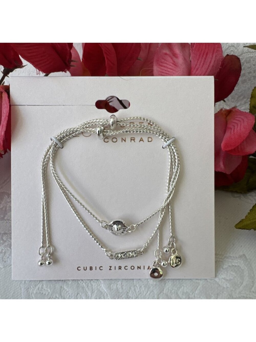 LC Lauren Conrad Silvertone CZ Bling Adjustable Charm Slide Bracelet 2 Chain NWT